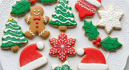 Delicious assortment of festive Christmas cookies on a white plate ready to be enjoyed