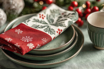 Christmas table setting with green clay plates, a red embroidered napkin with ornaments in the form of fir branches and snowflakes on a light green tablecloth, pastel colors.