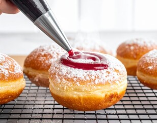 Expertly decorating powdered sugar donuts with vibrant red jelly using a piping bag a sweet delight