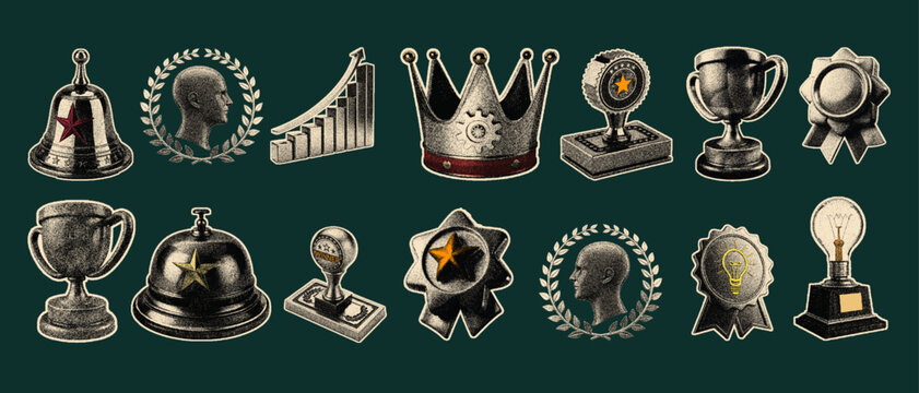 set of Achievement halftone collage art cutouts. vintage dot texture vector of Medal, Trophy, Star, Ribbon, Growth Chart, Lightbulb, Gear, Winner, Badge, Award. transparent background.
