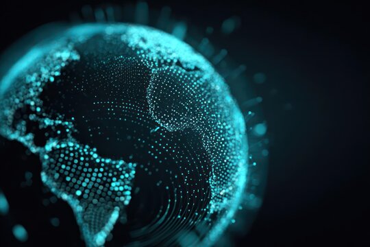 Abstract glowing digital earth globe with interconnected data points and light trails on a dark background