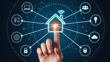 Obraz premium Finger touches glowing digital representation of a connected residence network interface