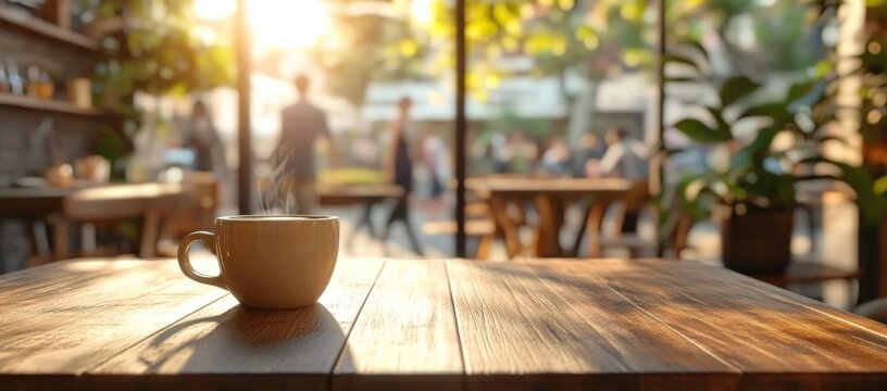 A cozy coffee cup sits on a wooden table, bathed in warm sunlight, with people mingling in the background, creating a welcoming cafe atmosphere.