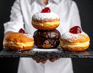 A baker proudly presents a trio of gourmet donuts, including classic powdered sugar and decadent