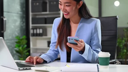 Businesswoman hand working digital marketing media in virtual screen with mobile phone and modern compute in office - Powered by Adobe