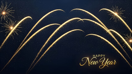 Golden fireworks and trails illuminate a dark blue starry sky for new year celebration