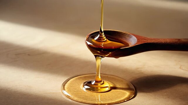 Golden honey dripping from wooden spoon slow motion viscous liquid natural sweetener healthy food