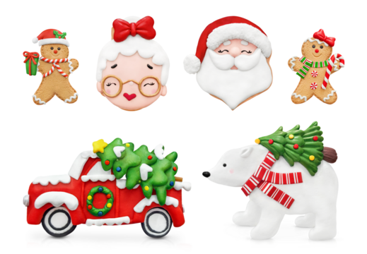 collection of traditional Christmas gingerbread decorated with icing, isolated on a transparent background