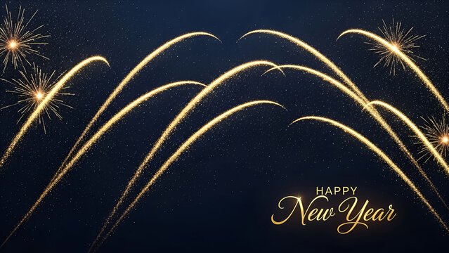 Golden fireworks and trails illuminate a dark blue starry sky for new year celebration