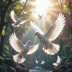 White doves flying through sunlight and rainbow rays, feathers glowing softly, symbol of peace and liberation,Flying doves mirror the essence of freedom and harmony.