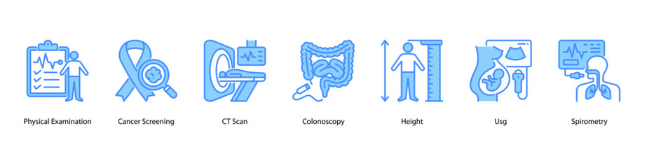 Comprehensive Health Screening web banner icon vector illustration featuring Physical Examination, Cancer Screening, CT Scan, Colonoscopy, Height, Usg, and Spirometry for complete medical evaluation.