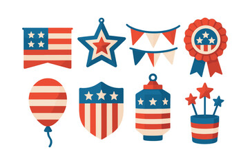 Obraz premium American independence day decorations, flags, stars, flat vector illustration