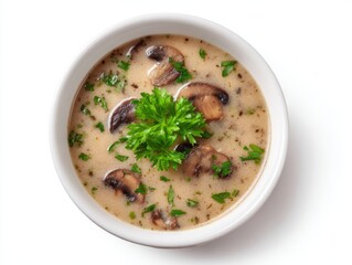 Mushroom soup in a bowl isolated on a white background, top view