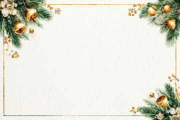 Elegant Christmas frame with gold bells and festive greenery on white background