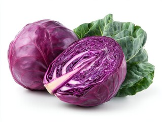 Obraz premium Whole and cut red cabbages isolated on white background, Vegetable garden, Healthy food