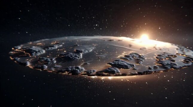 Stunning digital animation of a flat earth in space with city lights and glowing sun in a dark cosmic landscape