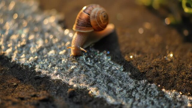 Snail shell glistens in soft light