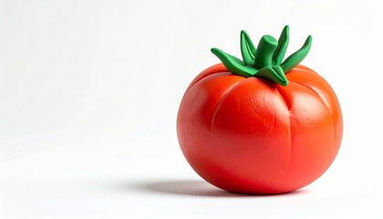 Colorful rubber tomato toy sitting on a white background ready for imaginative play or decoration