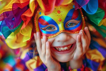 Clown Costume for Girl with Harlequin Jester and Bright Carnival Venice Mask for Lively Celebrations