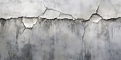 Obraz premium A cracked concrete wall displays various shades of gray, showcasing wear and age with its rough texture and visible imperfections.