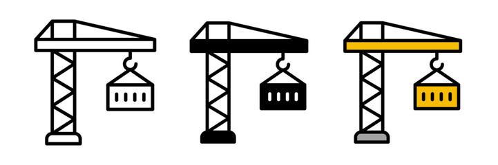Crane icon featuring a construction crane with a vertical tower, horizontal jib, and hanging hook. Flat vector illustration, created in outline, filled, and color style.