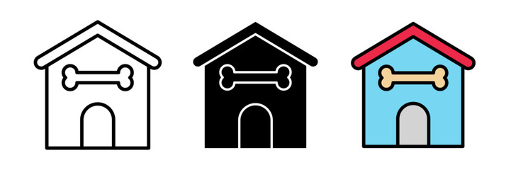 Dog house icon featuring a small triangular-roofed shelter with a front entrance. Designed in a clean line-art style for pets, animals, kennels, and UI elements.