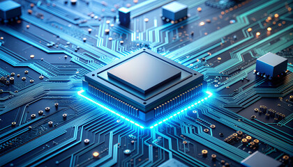 A glowing blue central processing unit (CPU) or microprocessor on a futuristic circuit board, representing advanced technology, AI, and digital innovation.
