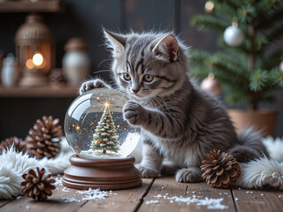 Gray ragdoll kitten batting at a snow globe, twinkling reflections on fur, pinecones scattered on a wooden table,Playful touches and festive details blend warmth with holiday humor.