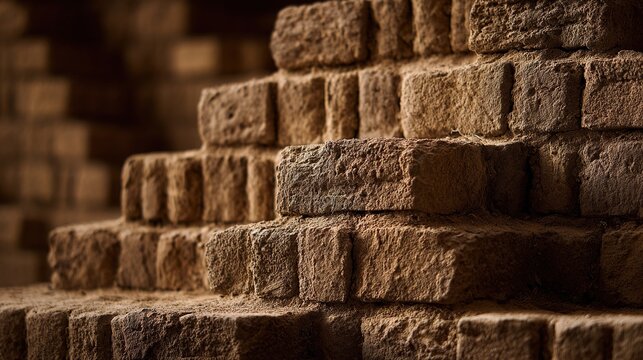 ziggurat. Ancient Mesopotamian mud-brick ziggurat structure, weathered surface in warm desert light. real-estate listings.