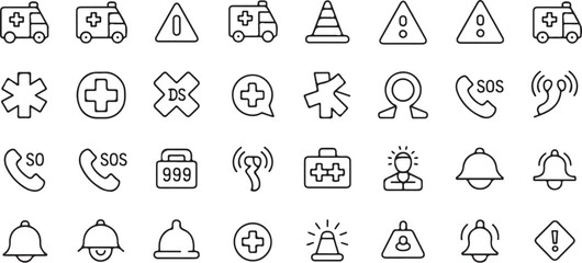Emergency web icons in line style. Featuring accidents, natural disasters, rescue services, emergency signals, and more. Outline Icon Collection. Vector illustration. Editable stroke.