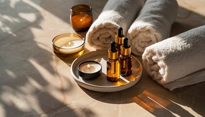 Relaxing spa setup with aromatherapy essential oils, candles, and rolled towels bathed in warm sunlight