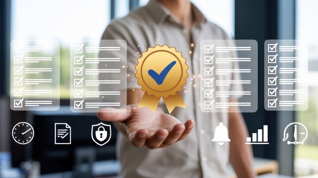 Business professional presents holographic certification award and compliance checklists above outstretched hand