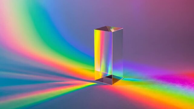 A glass prism diffracts light, creating a rainbow spectrum on a gradient-colored background