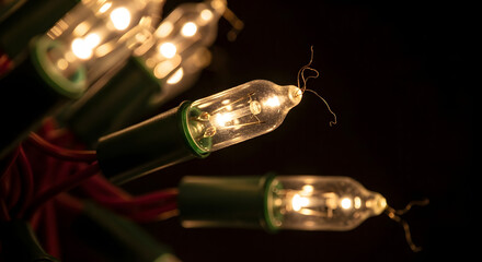 Close-up of a string of incandescent holiday lights glowing softly in the dark