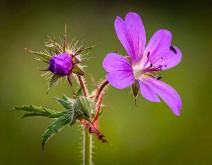 Close-up of a Purple Flower and Bud with Green Background.