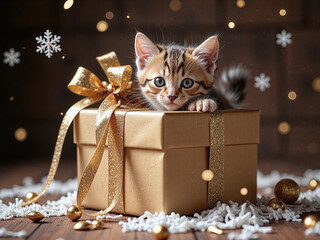 Tiny kitten peeking from a golden Christmas gift box, confetti and snowflake effects around,The most delightful Christmas surprise&mdash;a playful kitten inside the box.