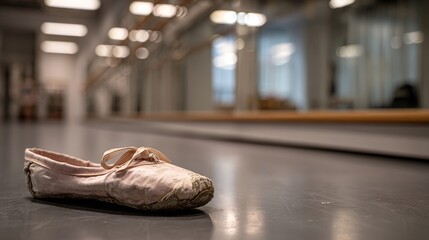 rehearsal. A single, well-worn ballet shoe rests on the floor before a large rehearsal mirror. event key visuals, club posters, designed for sports event promotions and stadium branding.