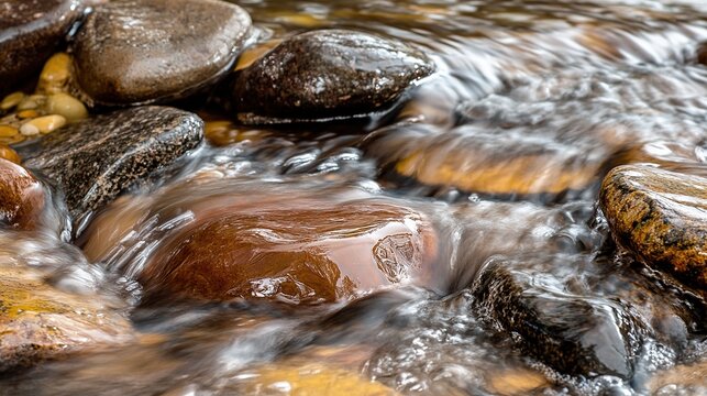 makemake. Rushing stream over smooth pebbles with splashing water in morning light. travel magazines, destination branding, designed for travel destination branding, inspires travel planning.