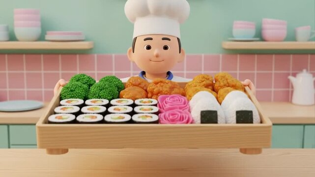 Chef presenting a tray of assorted food items in a kitchen setting