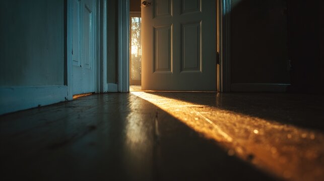 algicide. Dim corridor with a half-open door, mysterious light streaming through the crack. real-estate listings, architecture portfolios, designed for interior renovation comparisons for interiors.