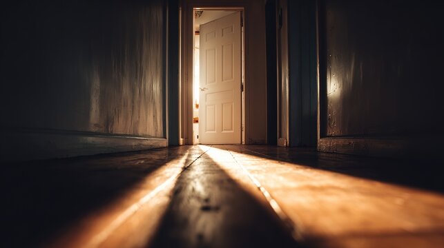 algicide. Dim corridor with a half-open door, mysterious light streaming through the crack. real-estate listings, architecture portfolios, designed for interior renovation comparisons for interiors.