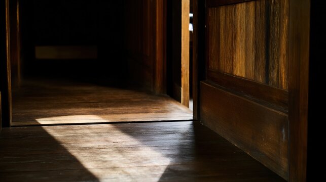 algicide. Dim corridor with a half-open door, mysterious light streaming through the crack. real-estate listings, architecture portfolios, designed for interior renovation comparisons for interiors.