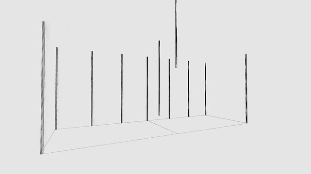 3D animation of exhibition booth 3x2 m phasing build-up. Modern trade show booth setup visualization showing frame, wall panels, and lighting structure in clean environment.