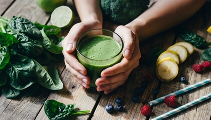 Hands holding a vibrant green smoothie surrounded by fresh spinach, lime, and berries on rustic wood, promoting healthy nutrition and natural well-being