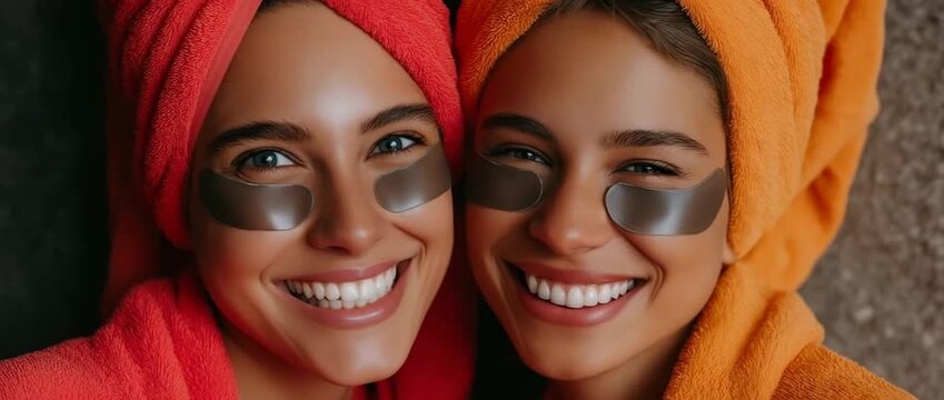 Two contented ladies with towels on their heads and under-eye patches are snapping selfies.