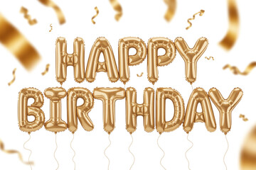Celebrate with gold Happy Birthday balloons and confetti perfect for invitations, social media posts, or creative party designs that bring joy and excitement