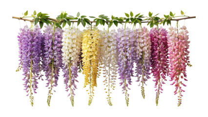 Gorgeous wisteria flowers in a beautiful array of colors hanging from a branch