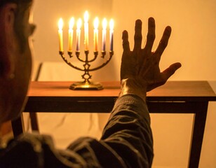 Person observing the glowing menorah candles during Hanukkah, a moment of deep religious