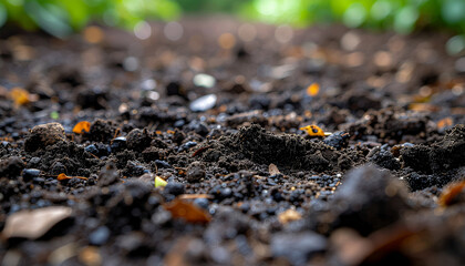 Close up of dark, fertile soil with small leaves scattered on the surface, blurred green foliage in the background.