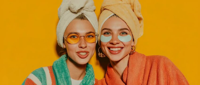 Two contented ladies with towels on their heads and under-eye patches are snapping selfies.